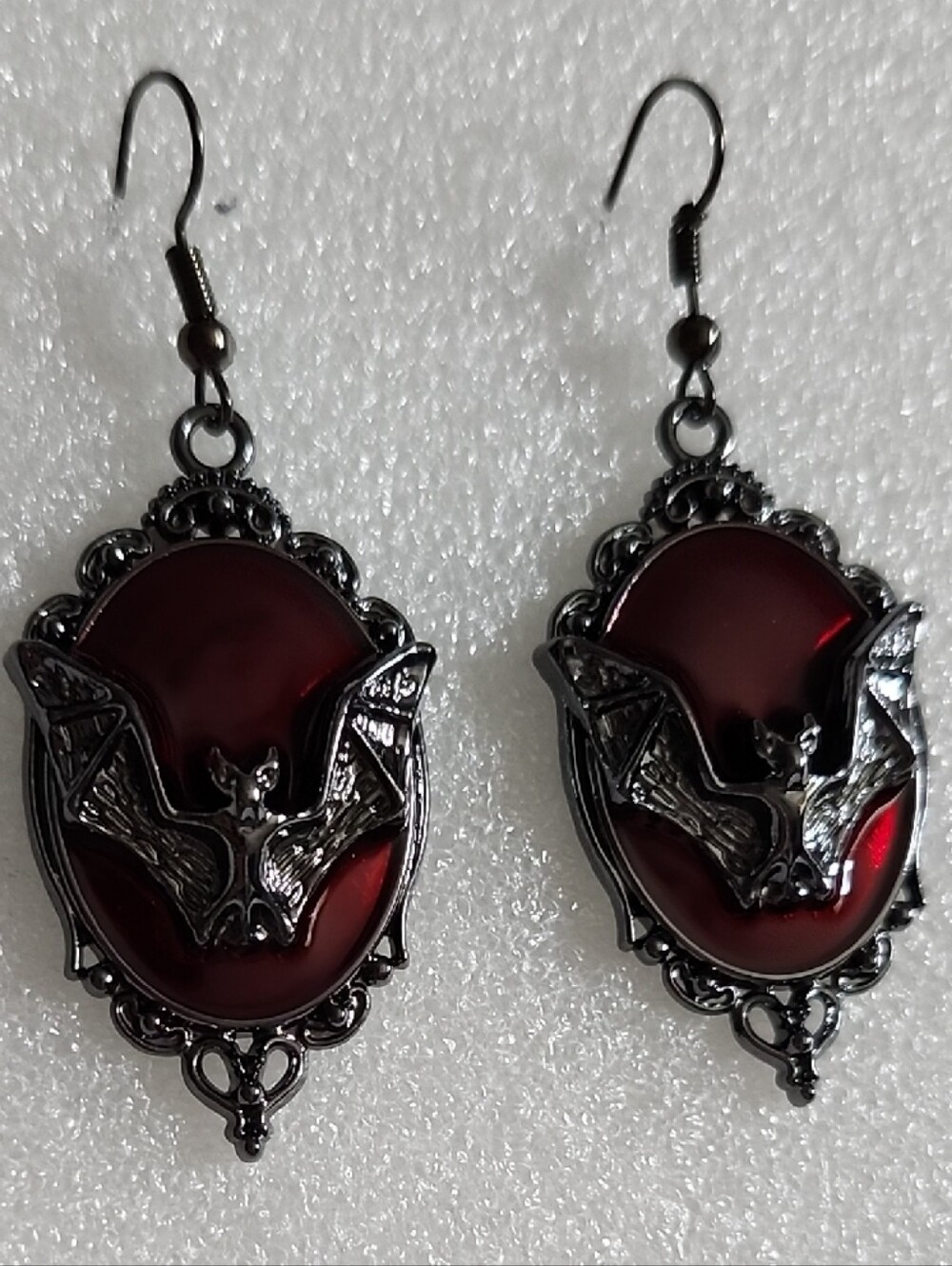 Hand Crafted Dark Red Bat Cameo Drop Earrings